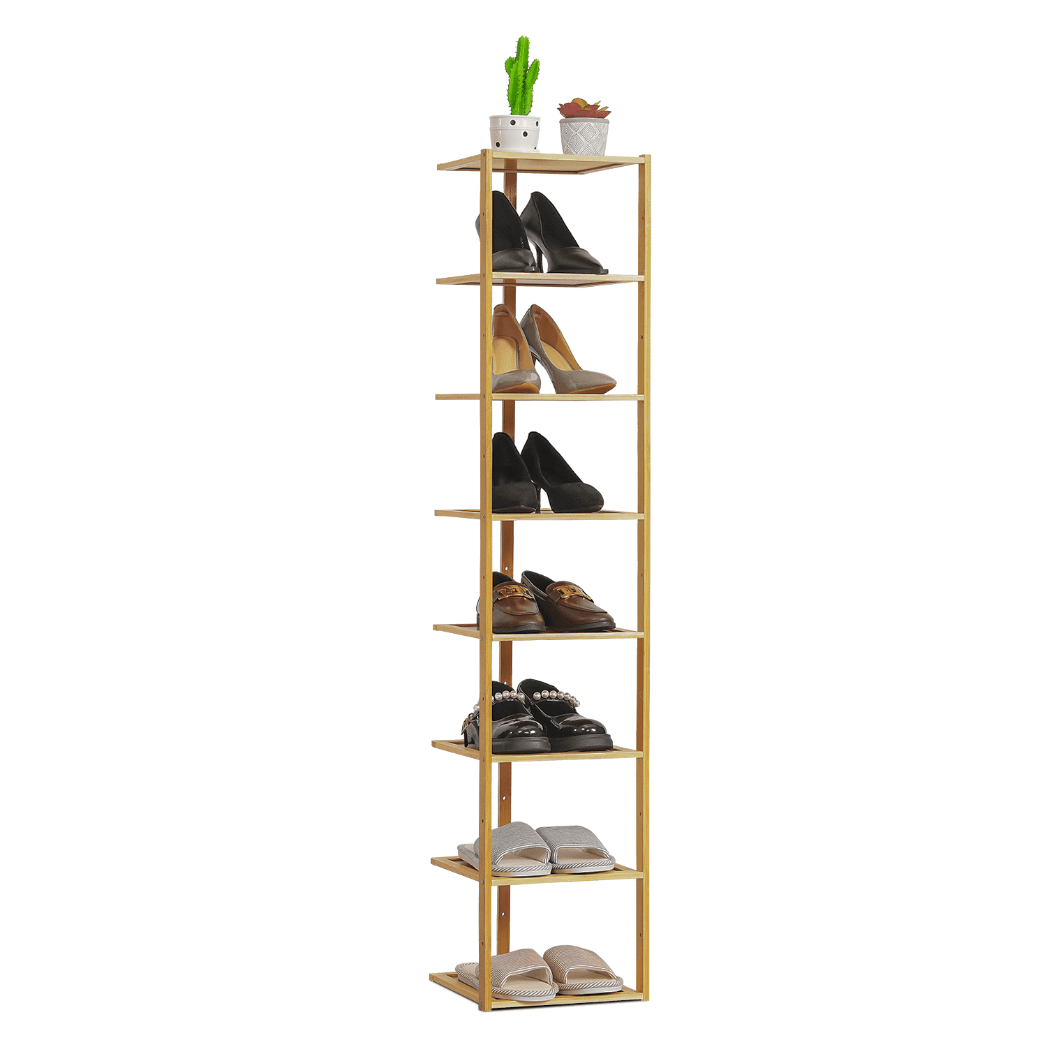 Natural Bamboo and Metal 8-Shelf Freestanding Shoe Rack
