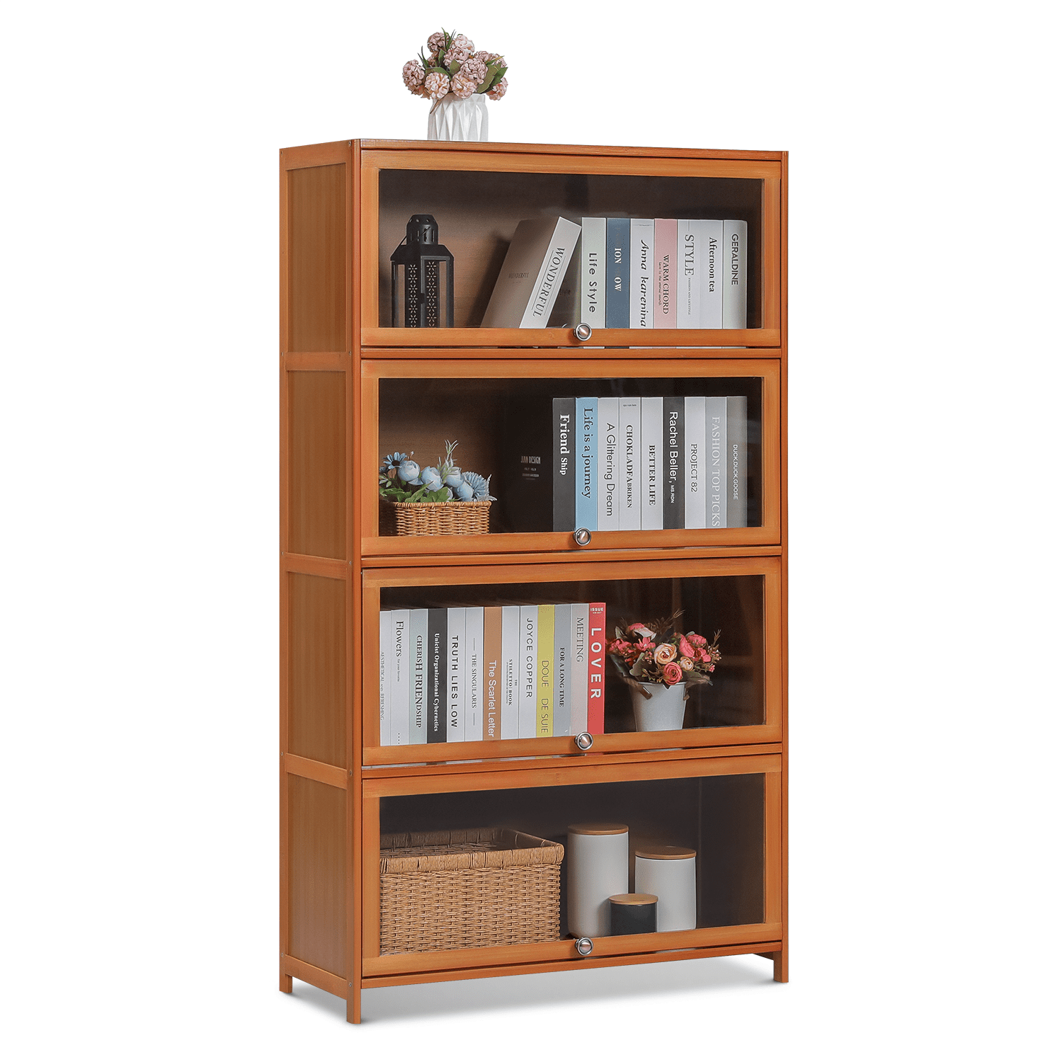 Brown Bamboo 4-Shelf Bookcase with Acrylic Doors
