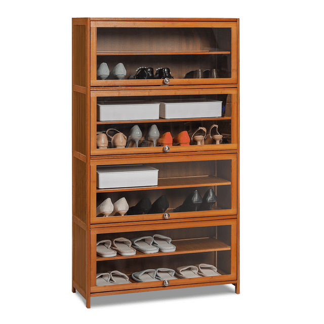 MoNiBloom Bamboo/Acrylic 9 Tiers 40 Pairs Shoes Rack with Door, Organizer Cabinet, Brown, for Entryway