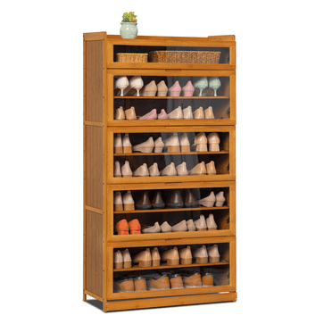 MoNiBloom Bamboo/Acrylic 9 Tiers Shoes Cabinet, 45 Pairs Sneakers Storage, Brown, for Home