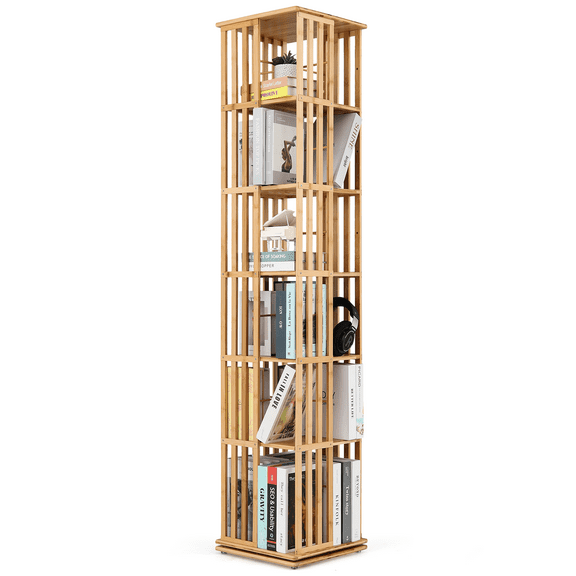 MoNiBloom Bamboo Rotating Bookshelf 360 Degrees, 6-Tiers Free Standing Revolving Bookcase, Storage Rack for Home, Study, Office, Natural