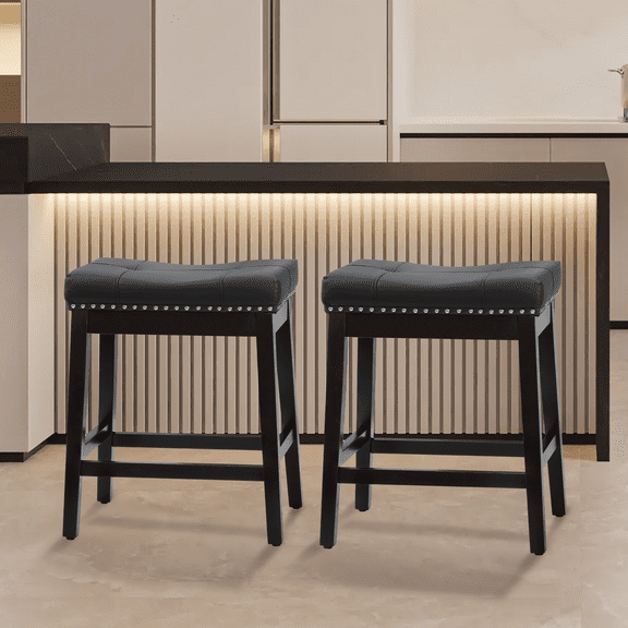 MoNiBloom Bar Stools Set of 2, Modern Counter Height, PU Leather Saddle Seats for Kitchen, Island, Bistro, Black Frame, Black