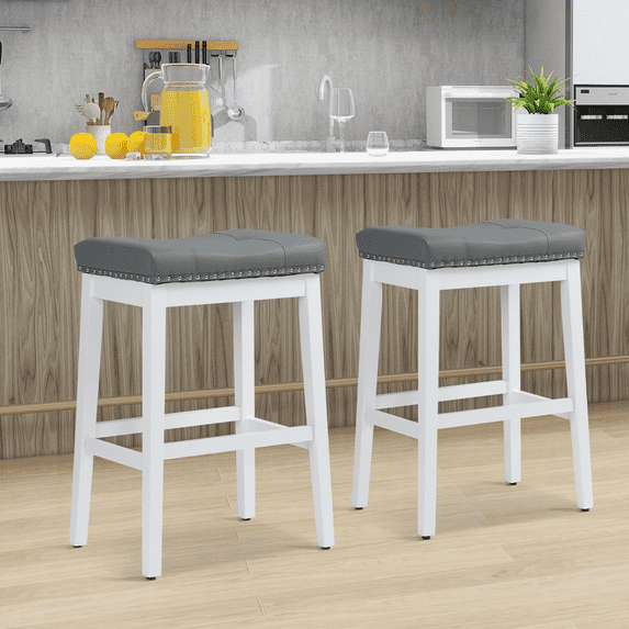 MoNiBloom Bar Stools Set of 2, Modern Counter Height, PU Leather Saddle Seats for Kitchen, Island, Bistro, White Frame, Gray