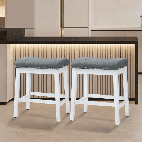 MoNiBloom Bar Stools Set of 2, Modern Counter Height, PU Leather Saddle Seats for Kitchen, Island, Bistro, White Frame, Gray