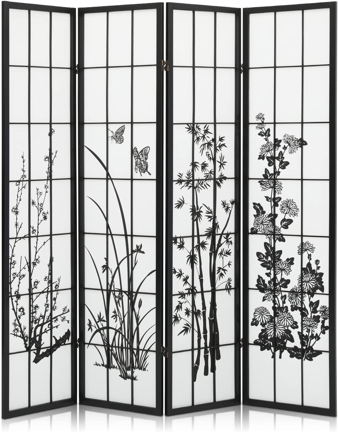 MoNiBloom Black Japanese 4Panel Screen Room Divider 5.7ft Plum Blossom Folding Temporary Wall