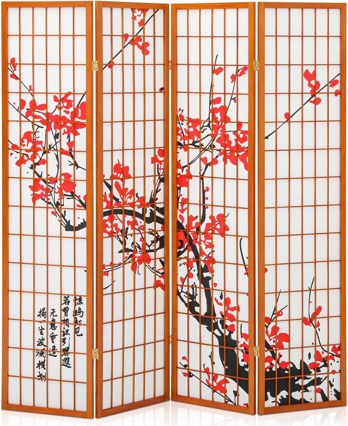MoNiBloom Black Japanese 4Panel Screen Room Divider 5.7ft Plum Blossom Folding Temporary Wall