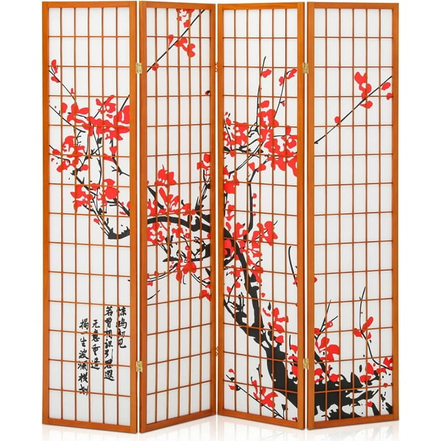 MoNiBloom Black Japanese 4Panel Screen Room Divider 5.7ft Plum Blossom
