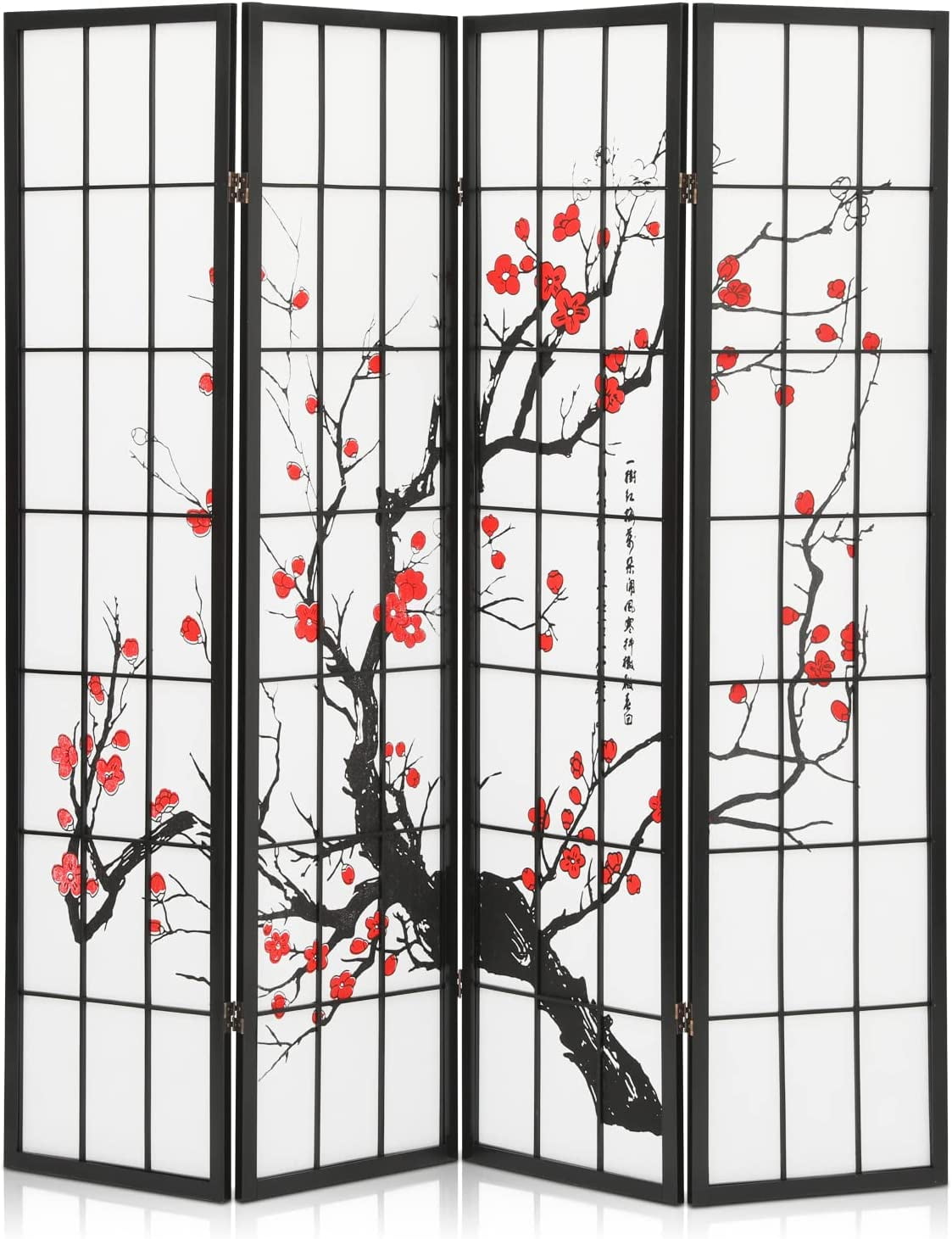 MoNiBloom Black Japanese 4-Panel Screen Room Divider 5.7ft Plum Blossom ...