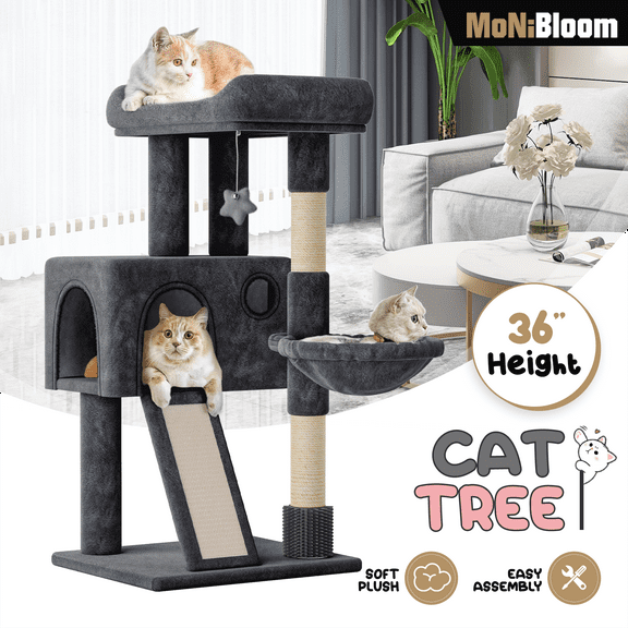 MoNiBloom Cat Tree, 36 Inch Cat Tree Tower with Cat Condo, Small Cat Tower with Scratching Post & Sisal-Covered Scratching Board, Cat Climbing Tower with Hammock, Cat Tree for Indoor Cats, Smoky Grey