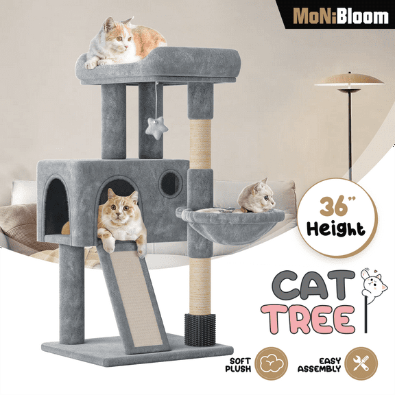 MoNiBloom Cat Tree, 36 Inch Cat Tree Tower with Cat Condo, Small Cat Tower with Scratching Post & Sisal-Covered Scratching Board, Cat Climbing Tower with Hammock, Cat Tree for Indoor Cats, Light Gray