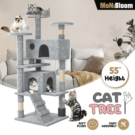 MoNiBloom Cat Tree, 54 Inch Cat Tree Tower with 2 Condo, Tall Cat Tower with Scratching Post, Cat Climbing Tower, Cat Tree for Indoor Cats, Light Grey
