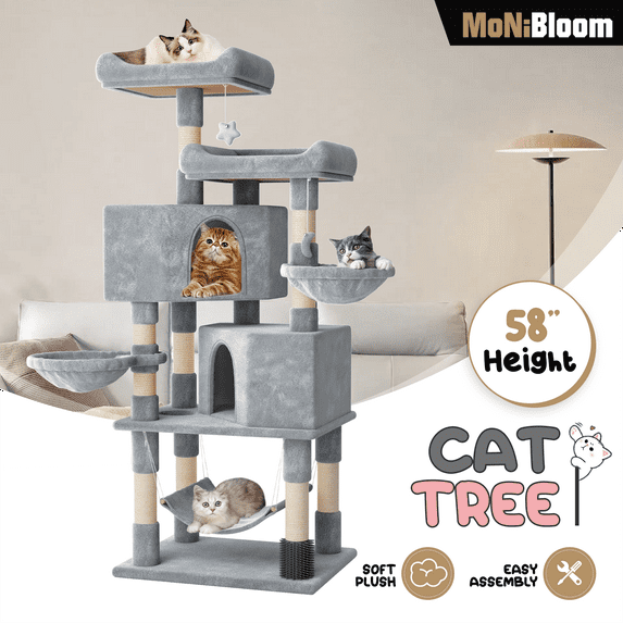 MoNiBloom Cat Tree, 58 Inch Cat Tree Tower with 2 Cat Condo, Cat Tower with Scratching Post, Cat Climbing Tower with 3 Hammock, Cat Tree for Indoor Cats, Light Gray