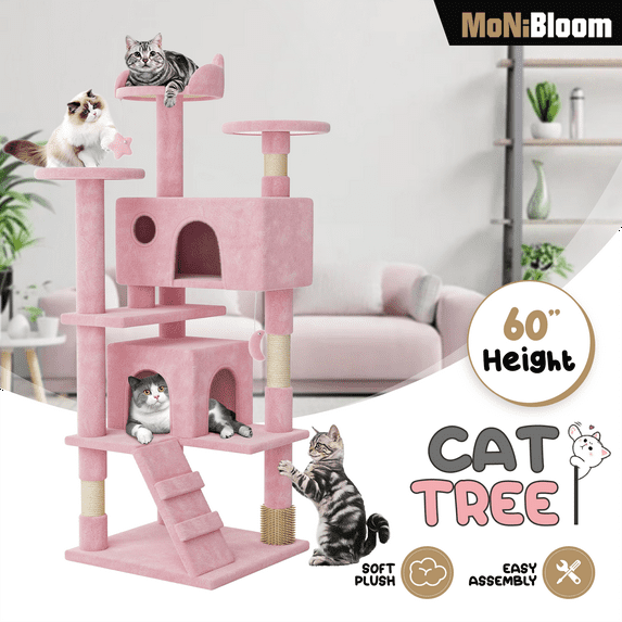 MoNiBloom Cat Tree, 60 Inch Cat Tree Tower with 2 Condo, Tall Cat Tower with Scratching Post, Cat Climbing Tower, Cat Tree for Indoor Cats, Soft Pink
