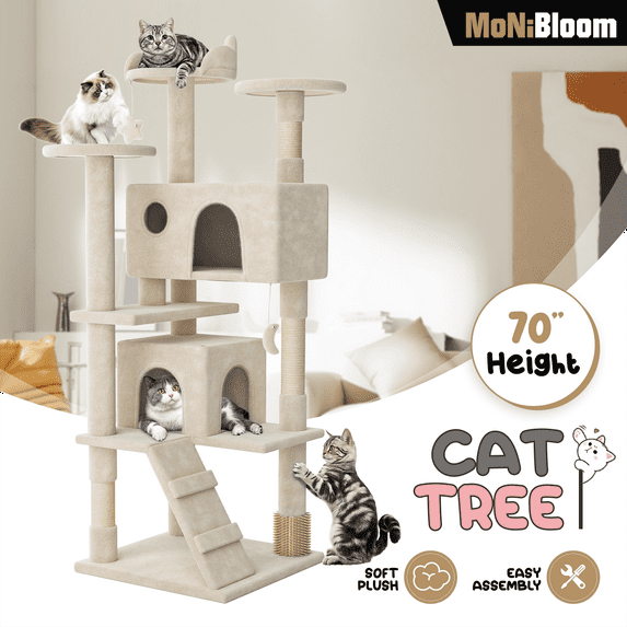MoNiBloom Cat Tree, 70 Inch Cat Tree Tower with 2 Condo, Tall Cat Tower with Scratching Post, Cat Climbing Tower, Cat Tree for Indoor Cats, Beige