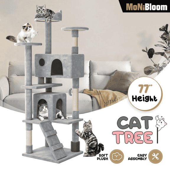 MoNiBloom 72 Inch Cat Tree Tower for Indoor Cats Large Adults, Cat Tower with Scratching Post, Multi Level Furniture Activity Center with Cat Condo Pet Play House, Light Grey