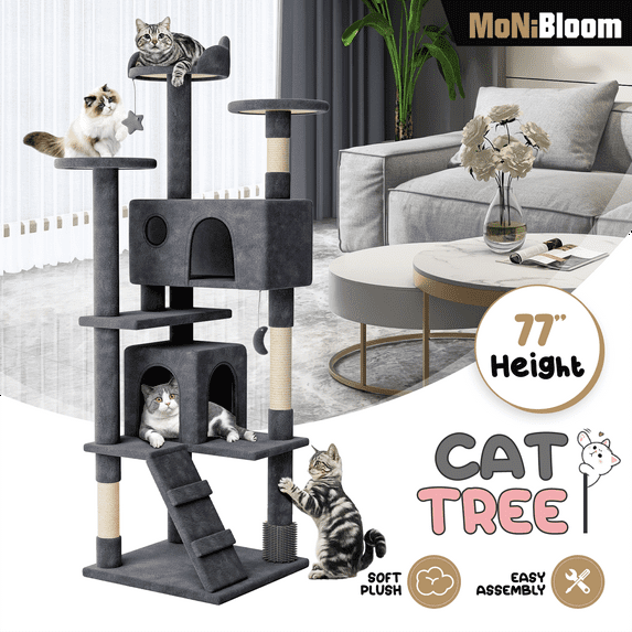 MoNiBloom Cat Tree, 77 Inch Cat Tree Tower with 2 Condo, Tall Cat Tower with Scratching Post, Cat Climbing Tower, Cat Tree for Indoor Cats, Somky Grey