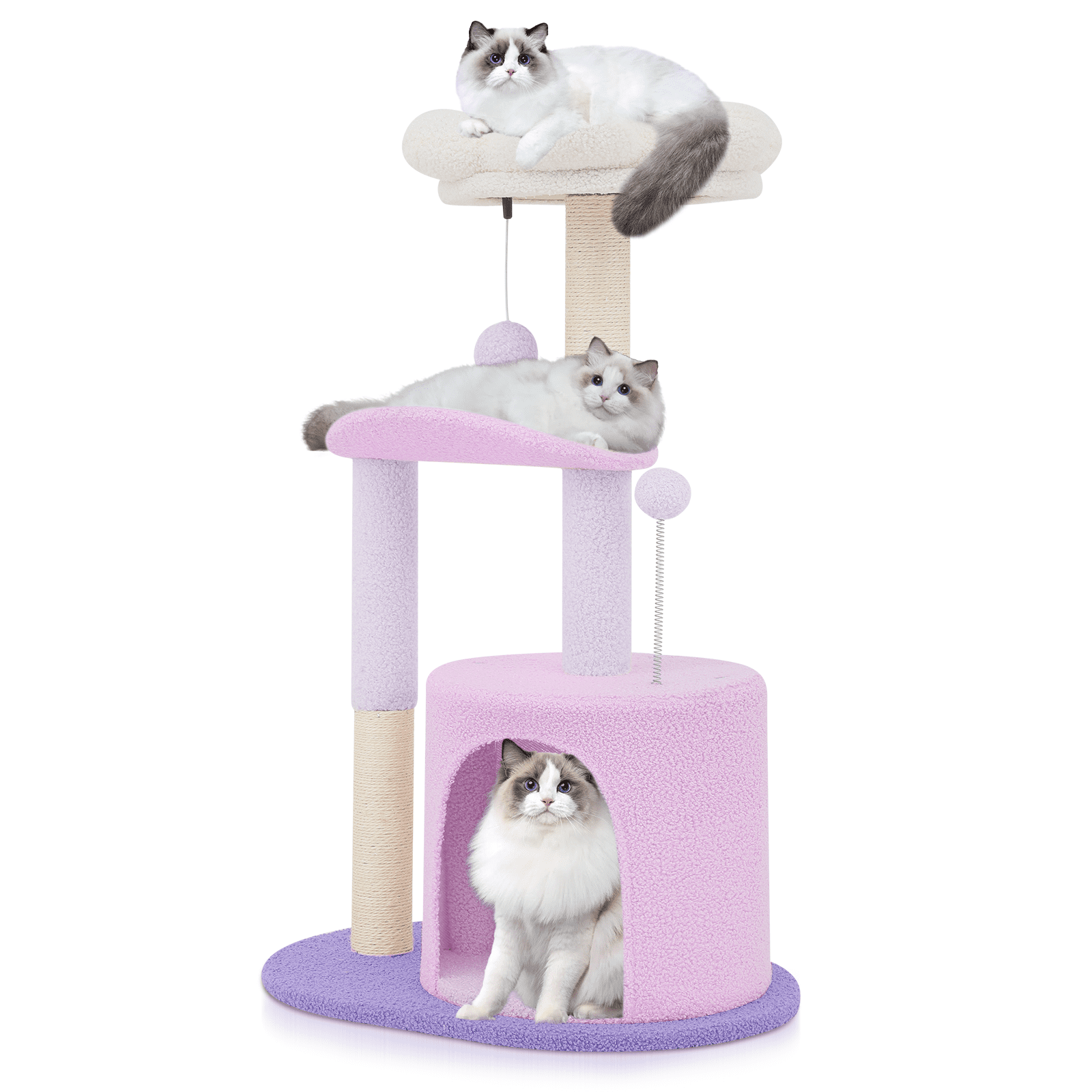 Purple and White Plush Cat Tree with Sisal Scratching Posts, 33 inches