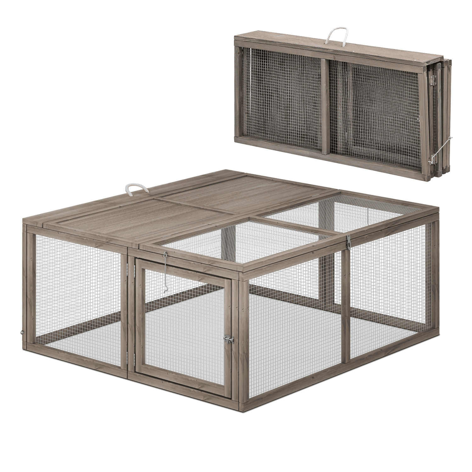 Gray Foldable Wooden Chicken Coop Rabbit Hutch with Mesh Panels