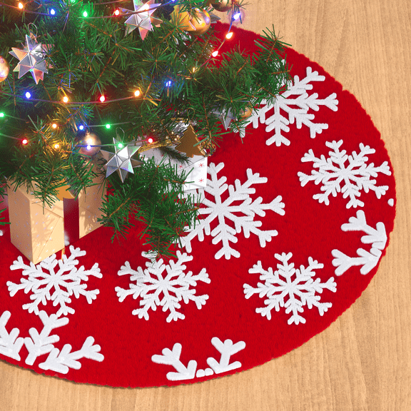MoNiBloom Christmas Tree Skirt 36 inch, White Snowflakes Velvet Christmas Tree Skirt for Christmas Tree Indoor Holiday Party Christmas Decorations, Red