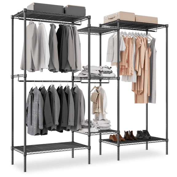 MoNiBloom Clothing Racks for Hanging Clothes Heavy Duty Clothes Rack Carbon Steel Free Standing Portable Wire Garment Rack with Shelves, 77"Lx17.5"Wx71"H, Black