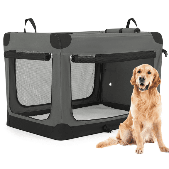 MoNiBloom Collapsible Soft-Sided Dog Crate for Large Dog, 4-Door Portable Pet Kennel, 600D Oxford Fabric for Daliy Travel, Gray