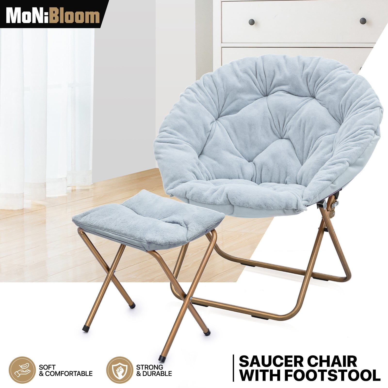 MoNiBloom Comfy Saucer Chair with Ottoman, Faux Fur