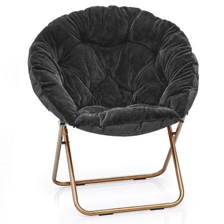 MoNiBloom Faux Fur Saucer Chair for Adults, Comfy Fluffy for Living Room Bedroom Dorm Apartment, with Thick Padded & Folding Metal Frame (Black)