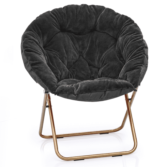 MoNiBloom Faux Fur Saucer Chair for Adults, Comfy Fluffy for Living Room Bedroom Dorm Apartment, with Thick Padded & Folding Metal Frame (Black)