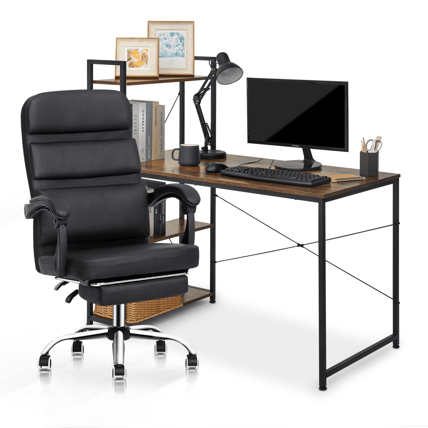 MoNiBloom Home Office Computer Desk And Chair Set, High Back Executive Chair With Protect Floor Mat And Laptop Table, Brown