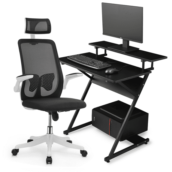 MoNiBloom Computer Desk with Monitor Storage Shelf & Host Rack and Reception Seat with Headrest Lumbar Support, Black