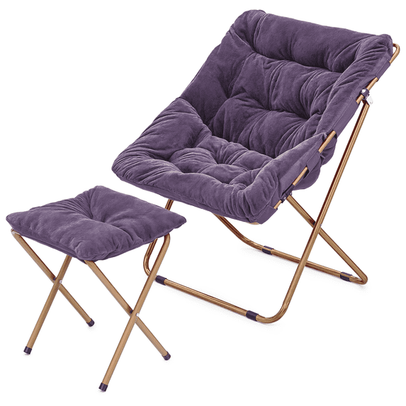 Monibloom Square Folding Faux Fur Saucer Chair with Ottoman for Adults, Comfy Fluffy Reading Chair for Bedroom Living Room Dorm, Purple