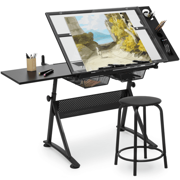 MoNiBloom Craft and Drawing Station with Stool Set, Tempered Glass Top Drafting Table with Slide-Out Tabletop, Drawers & Side Trays, Adjustable Angle & Height Work Surface, Black