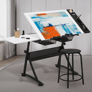 MoNiBloom Draft Desk Drawing Table with Stool Set, Height Adjustable Desk with Tiltable & Slide-Out Tabletop, Art Craft Work Station, White