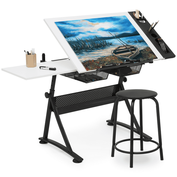 MoNiBloom Engineered Wood Tabletop Adjustable Height Draft Desk Drawing Table with Stool Set, White