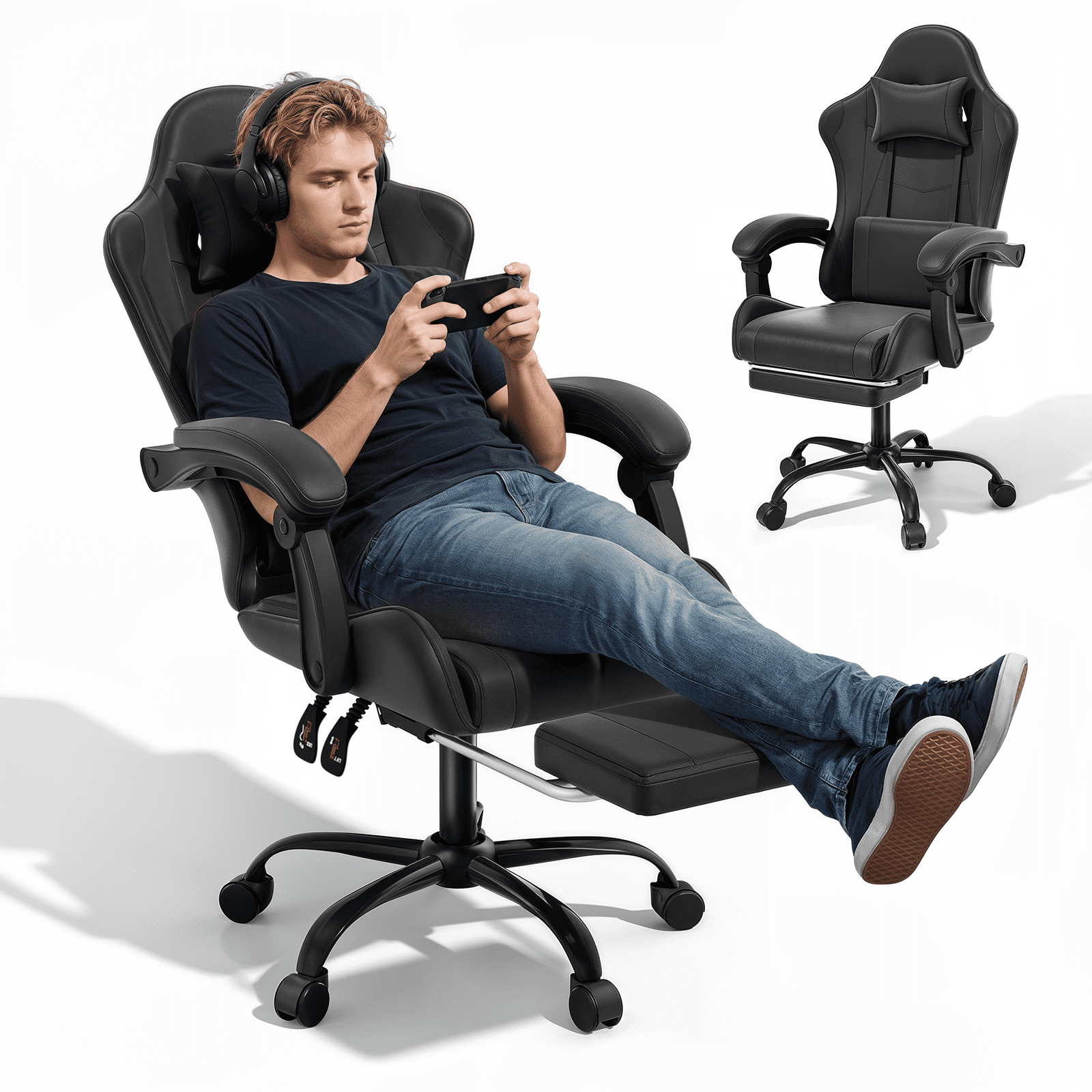 MoNiBloom Ergonomic Gaming Chair with Footrest, Adjustable Headrest and Lumbar Support for Office and Gaming, High-Back Racing Style Computer Desk Chair, Black (Wide Seat)