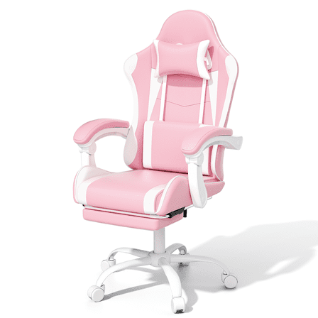 MoNiBloom Ergonomic Gaming Chair with Footrest, Adjustable Headrest and Lumbar Support for Office and Gaming, High-Back Racing Style Computer Desk Chair, Pink (Wide Seat)