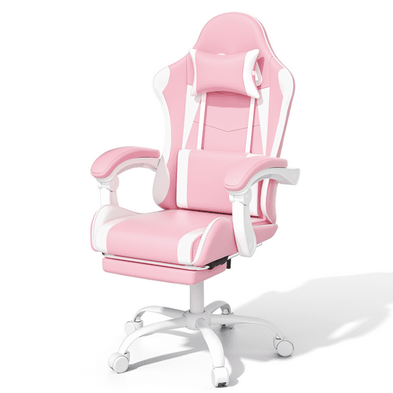MoNiBloom Ergonomic Gaming Chair with Footrest, Adjustable Headrest and Lumbar Support for Office and Gaming, High-Back Racing Style Computer Desk Chair, Pink (Wide Seat)