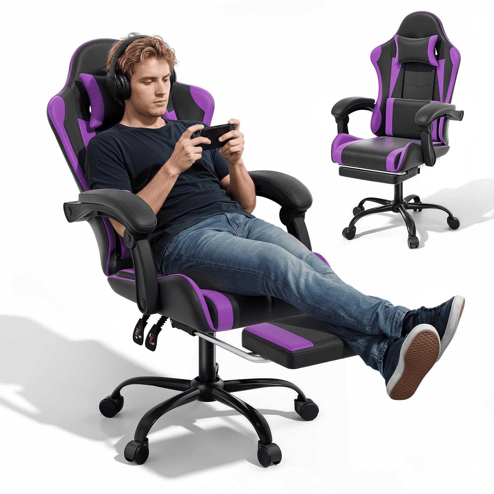 MoNiBloom Ergonomic Gaming Chair with Footrest, Adjustable Headrest and Lumbar Support for Office and Gaming, High-Back Racing Style Computer Desk Chair, Purple (Wide Seat)