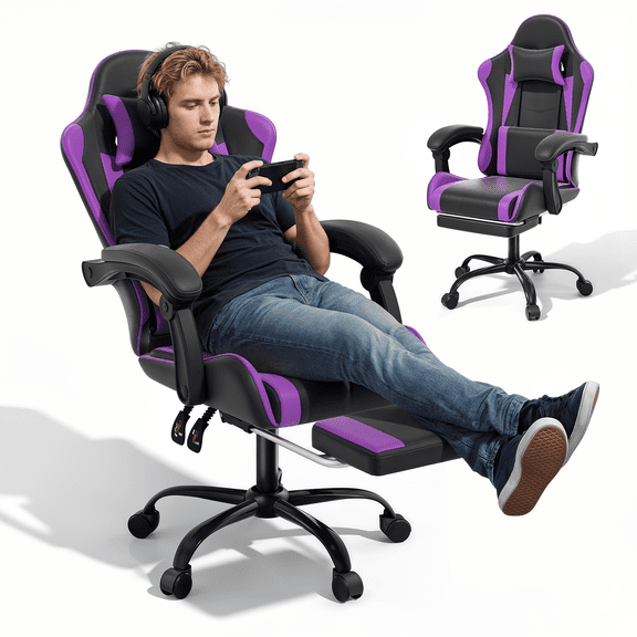 MoNiBloom Ergonomic Gaming Chair with Footrest, Adjustable Headrest and Lumbar Support for Office and Gaming, High-Back Racing Style Computer Desk Chair, Purple (Wide Seat)