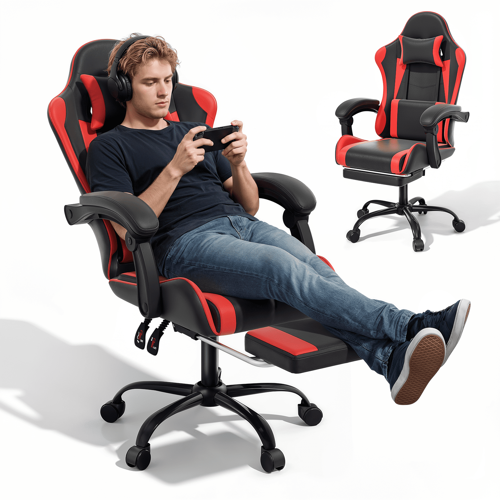 MoNiBloom Ergonomic Gaming Chair with Footrest, Adjustable Headrest and Lumbar Support for Office and Gaming, High-Back Racing Style Computer Desk Chair, Red (Wide Seat)