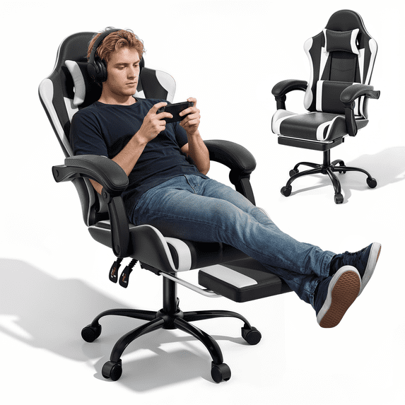 MoNiBloom Ergonomic Gaming Chair with Footrest, Adjustable Headrest and Lumbar Support for Office and Gaming, High-Back Racing Style Computer Desk Chair, White (Wide Seat)