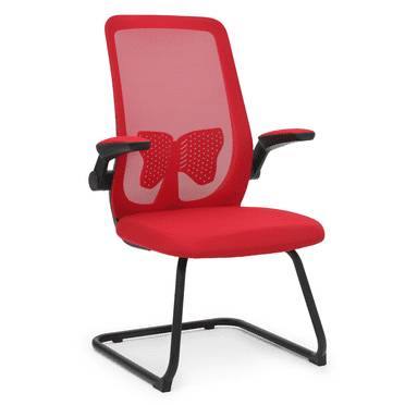 MoNiBloom Ergonomic Office Chair, Mesh Reception Seat with Lumbar Support Backrest & Flip-Up Arms for Waiting Room, Red