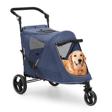 MoNiBloom Foldable Dog Stroller for Medium and Large Dogs, 3 Wheel Pet Stroller for Medium Dogs & Cats, Adjustable Handlebar 9 Angles 20°-180°, Navy Blue