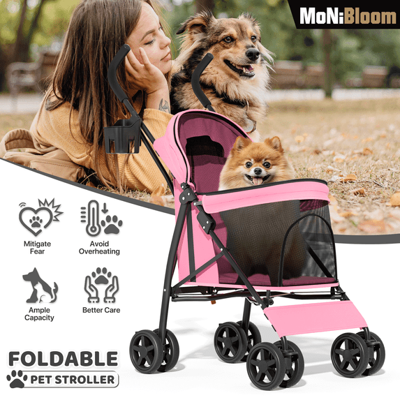 MoNiBloom 4 Wheel Foldable Lightweight Pet Stroller Trolley for Cats & Dogs, Pink