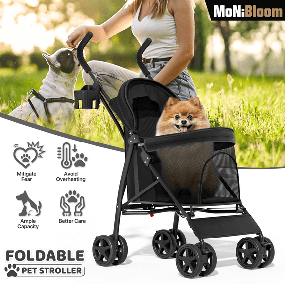 MoNiBloom Foldable Lightweight Pet Trolley for Cats and Dogs,4 Wheel, Black