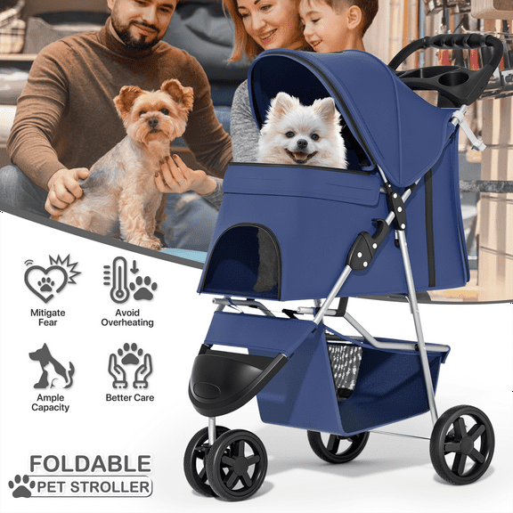 MoNiBloom 3 Wheel Folding Pet Dog Stroller, Foldable Lightweight Trolley with Storage Basket, Cup Holder and 360° Rotating Front Wheel for Small Medium Dogs, Navy Blue