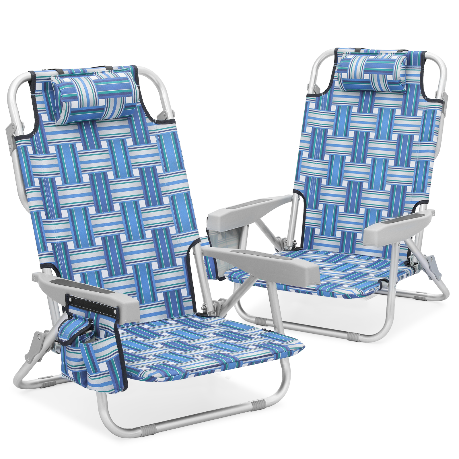 MoNiBloom Folding Beach Chairs Set of 2 with Side Pocket, Portable Camping Seats with Cooling Pocket, for Outdoor Patio Lawn, Blue Stripes