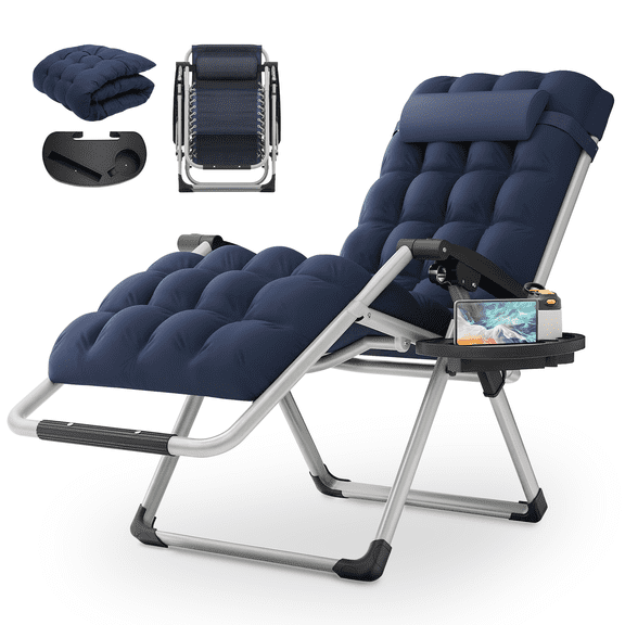 MoNiBloom Beach Chaise Lounge Chair, Patio Folding Recliner with Removable Cushion, Headrest & Tray, Portable Tanning Sunbathing Chair for Poolside Beach Porch Yard, Reinforced Bar, 330lbs Blue