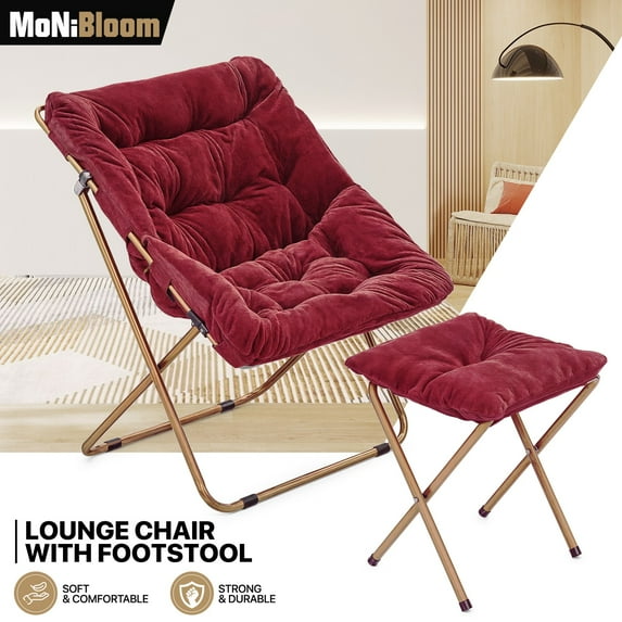 MoNiBloom Folding Cozy Chair with Footrest, Faux Fur Saucer Chair with Ottoman for Bedroom, Foldable Lounge Chair and Foot Stool Set, 300lbs Capacity, Red