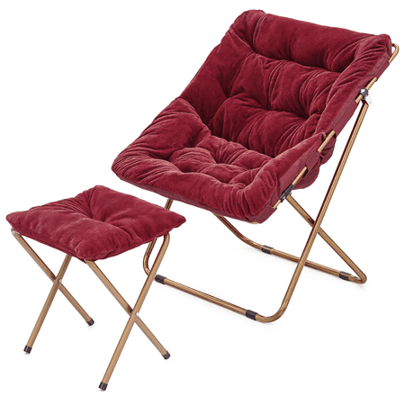Monibloom Square Folding Faux Fur Saucer Chair with Ottoman for Adults, Comfy Fluffy Reading Chair for Bedroom Living Room Dorm, Red